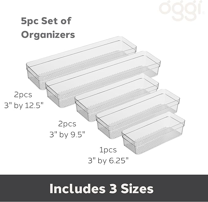 Oggi Set of 5 Clear Drawer Organizers - (1) 3x6.25, (2) 3x9.5, (2) 3x12.5 - Ideal for Organizing Kitchen Drawers, Office, Desk, Silverware, Kitchen Utensils, Cosmetics and Bathrooms