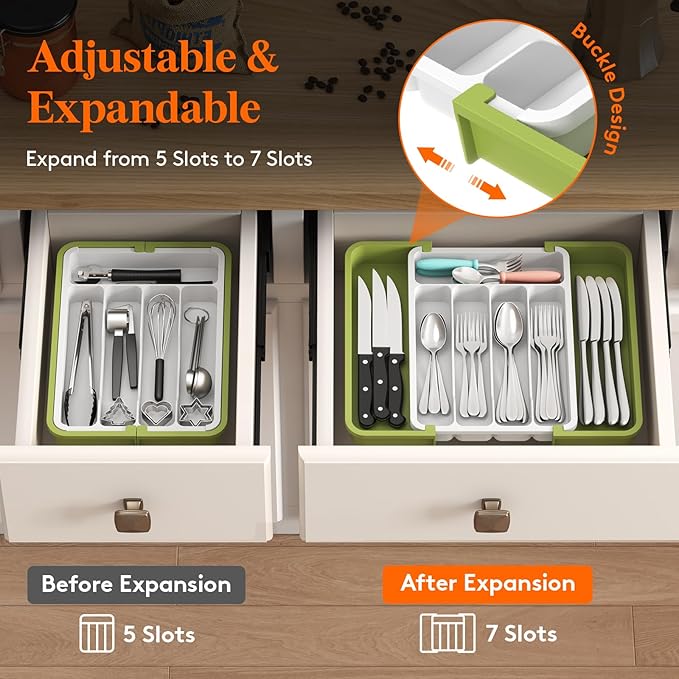Lifewit Silverware Drawer Organizer, Expandable BPA Free Utensil Tray for Kitchen, Adjustable Flatware and Cutlery Holder for Spoons Forks Knives, Plastic Kitchen Organizers and Storage, Green&White