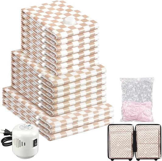 16 Pack Travel Vacuum Storage Bags with Electric Pump, 3 Large+6 Medium+7 Small Vacuum Sealer Bags, 80% Space Saver Bags for Luggage, Comforters and Blankets, Travel Essentials(Light Pink Checkered)