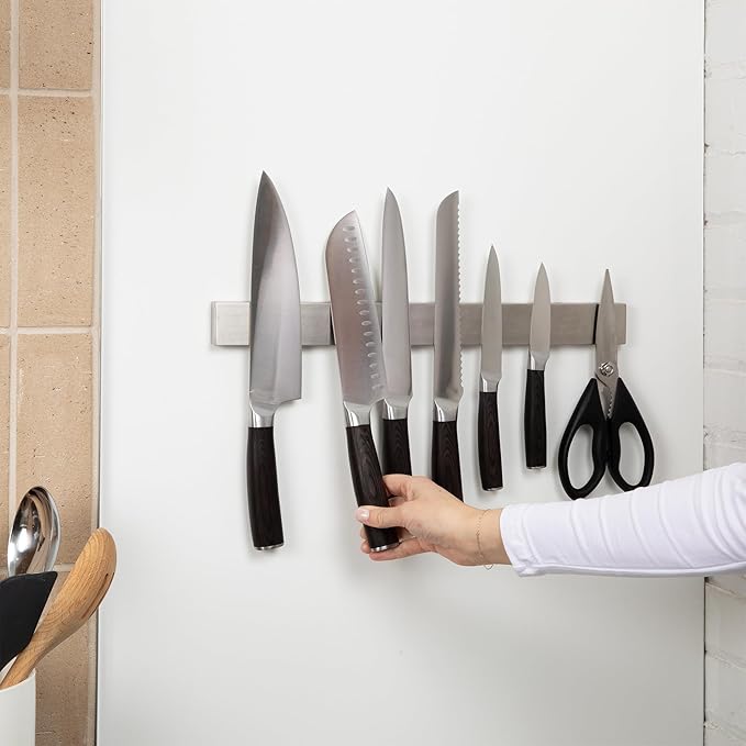 Silver Magnetic Knife Holder 16 Inch Strong Adhesive, Magnetic Strip for Fridge or Wall, No Drill Stainless Steel Knife Rack Organizer