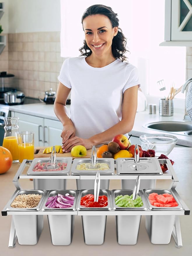 Lanstics 8 Pans Spice Rack Shelf 2 Row Stainless Steel Spice Organizer Stand with Lids Spoons Countertop Inclined Holder Buffet Containers Set for Sauce Jam Fruits Ingredient Kitchen Restaurant Pantry