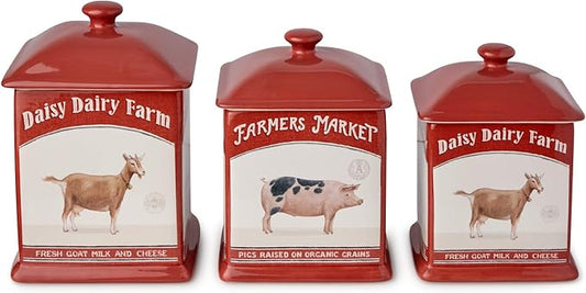 Vintage Farm Square Canister Set, 3-Piece, Includes 52 oz, 72 oz & 90 oz Sizes, Farmers Market Design with Farm Animals, Durable Ceramic, Rustic Farmhouse Kitchen Storage for Coffee, Sugar & Flour