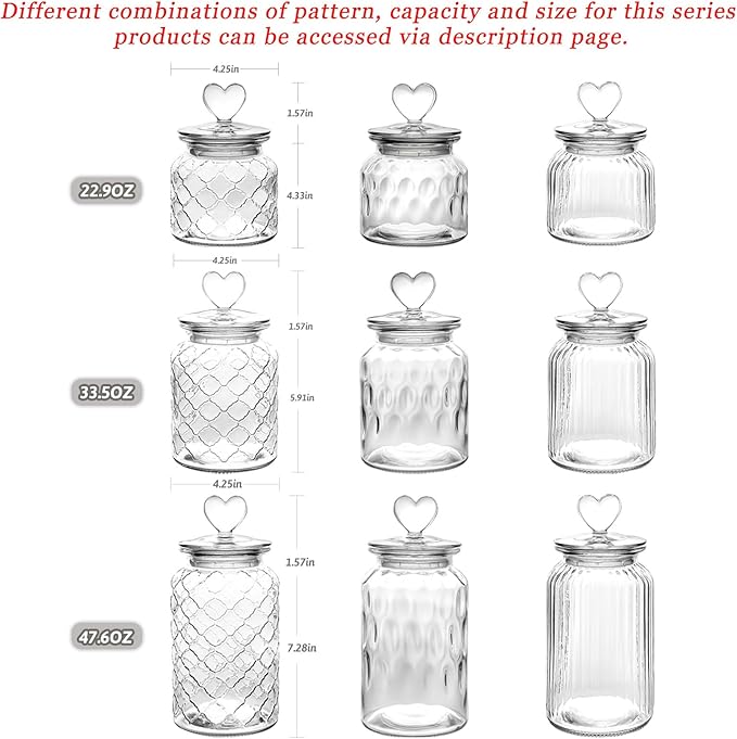 WHJY Set of 2 32oz Airtight Glass Jars Decorative Jars, Jar of Hearts Cute Cookie Jar Decorative Jars with Lids Candy Jars for Candy Buffet Heart Shaped Lid - Grid Textured