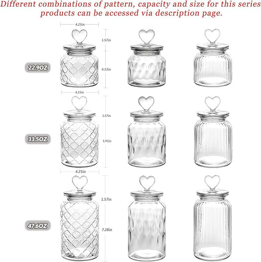 WHJY Set of 2 32oz Airtight Glass Jars Decorative Jars, Jar of Hearts Cute Cookie Jar Decorative Jars with Lids Candy Jars for Candy Buffet Heart Shaped Lid - Grid Textured