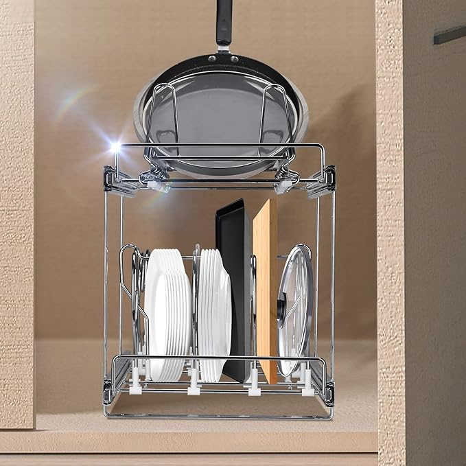 VEVOR Pan and Pot Rack, 2-Tier Expandable Pull Out Under Cabinet Organizer, 12"W, Carbon Steel, Double Tier