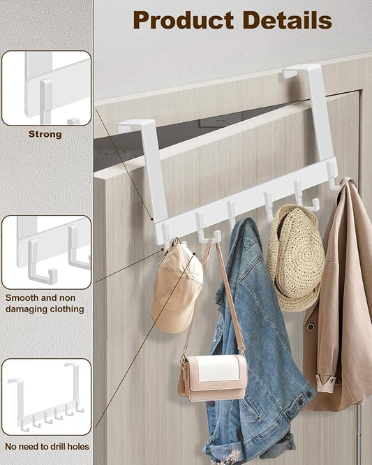 2 Pack Over The Door Hooks, Sturdy Door Hanger, Large Over The Door Towel Rack with 6 Hooks, Heavy Duty Easy to Install, for Bathroom, Bedroom，Kitchen，Hanging Towels, Coats (White).