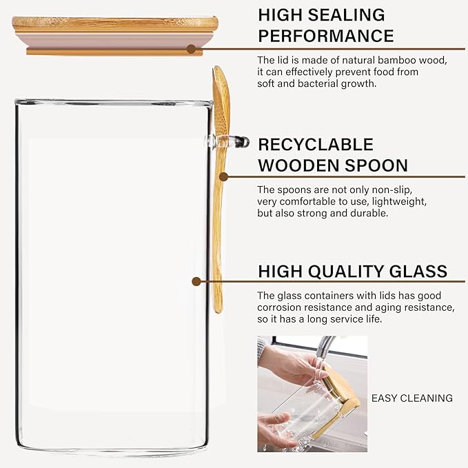 1500ML Brown Sugar Keeper, Glass Storage Containers with Bamboo Lids and Spoon, Airtight Clear Glass Jars Canister for Pasta, Nuts, Coffee Beans(Include 5 Brown Sugar Savers)