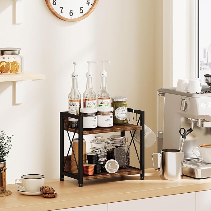 Snughome Kitchen Countertop Organizer,2 Tier Spice Rack Organizer for Countertop,Wood Kitchen Counter Shelf Organizer with Hooks (Rustic Brown,Small)