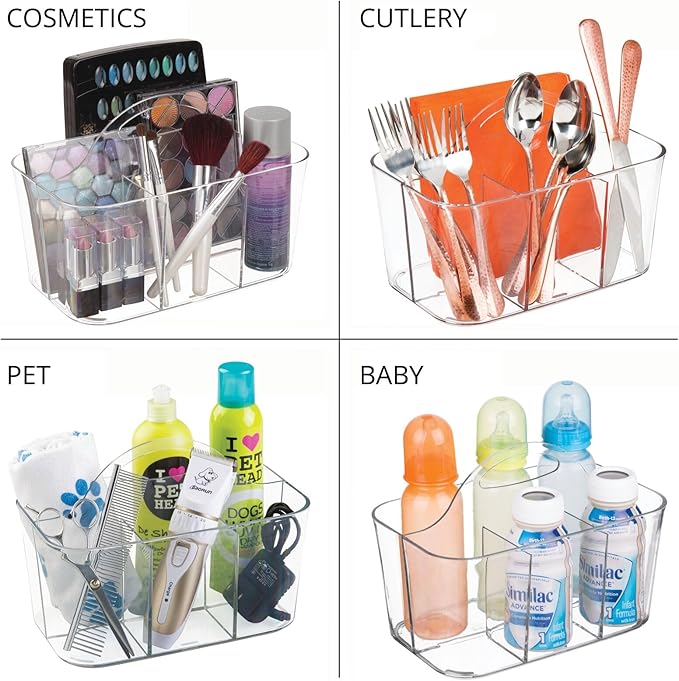 mDesign Plastic Cutlery Storage Organizer Caddy Bin Tote with Handle - Kitchen Cabinet Divided Pantry Basket for Forks, Knives, Spoons, Napkins, Indoor/Outdoor Use, Lumiere Collection, 2 Pack - Clear
