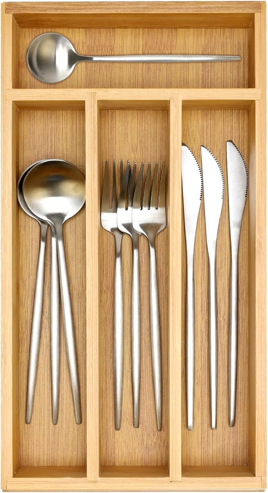 Bamboo Silverware Drawer Organizer Small Cutlery Tray Wooden Kitchen Utensil Drawer Organizer Skinny Flatware Caddy Wood Utensil Holder Drawer Spoon Fork Cutlery Organizer Narrow Silverware Tray