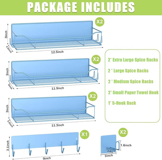 Magnetic Spice Rack for Refrigerator, 9 Pack Magnetic Fridge Shelves W/Adjustable Paper Towel Holder, Hook Rack, Moveable Spice Organizer Shelf for Kitchen Organization and Storage (Blue)