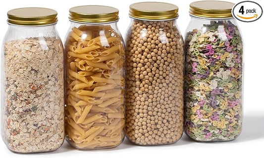 novelinks 4 Pack 64 OZ Plastic Wide Mouth Mason Jars with Airtight Lids - Wide Mouth Half Gallon Large Mason Jar 64 OZ Storage Canning Jar for Kitchen & Household Storage (Gold)