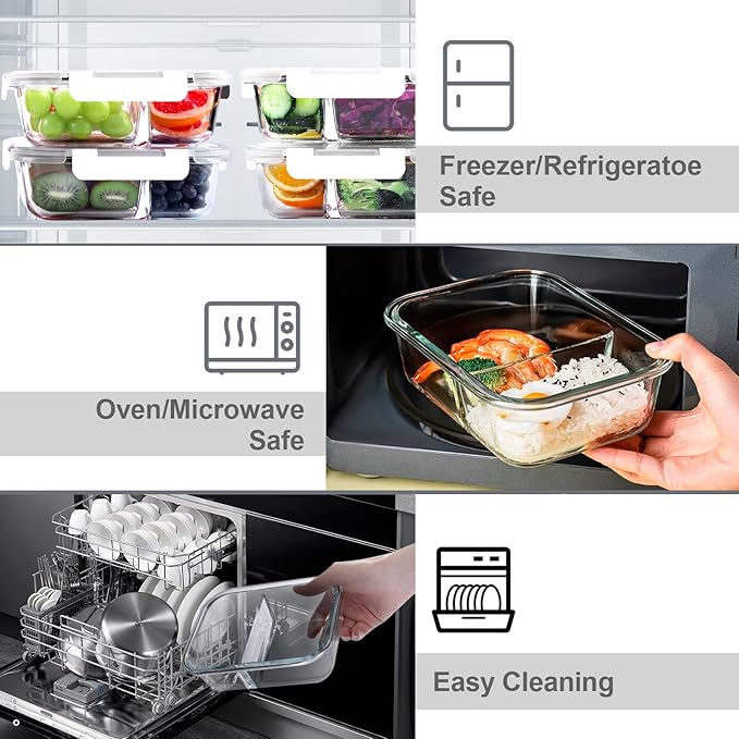VERONES 5 Pack Glass Meal Prep Containers 2 Compartment Set, 36OZ Airtight Glass Lunch Containers, Food Storage Containers with Lids, for Microwave, Oven, Freezer & Dishwasher Friendly,White