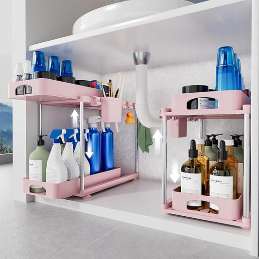 Under Sink Organizer, 2 Pack Kitchen and Bathroom Cabinet Organizer, 2 Tier Adjustable Height Storage, Pink