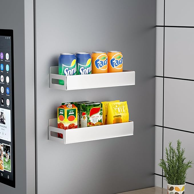 Magnetic Shelf for Refrigerator, Strong Magnetic Spice Rack, Metal Fridge Magnet Organizer, Kitchen Organization, Spice & Seasoning Organizer, Kitchen Gadgets (2 Pack White)
