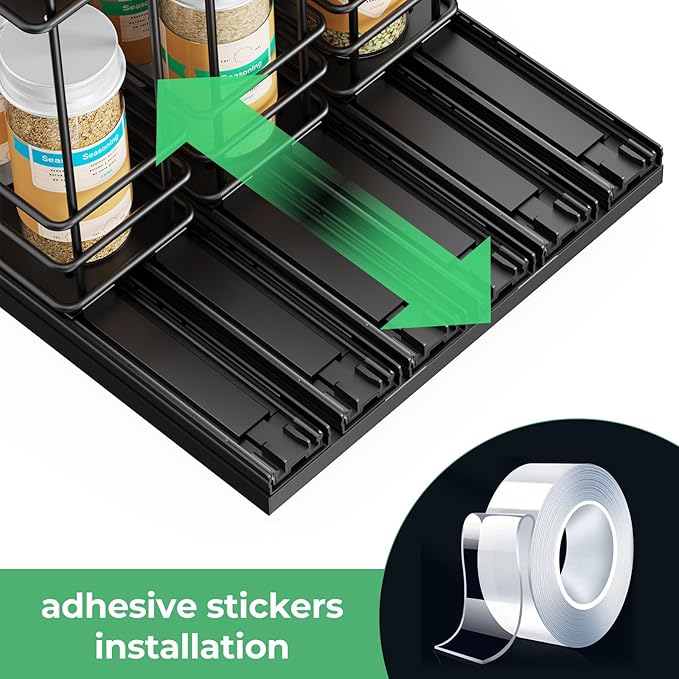 Pull Out Spice Rack Organizer for Cabinet, Slide Out Spice Racks, Easy to Install, 2.75''Wx10.35''Dx8.26''H, 3 Drawers 2 Tiers(Black