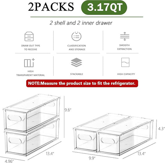 2 Pack Fridge Organizers and Storage with Pull out Drawer, Stackable Storage Drawer, Clear Refrigerator Organizers and Storage, BPA-Free for Kitchen Cabinet Pantry,13.4x 4.96 x 4.3 inch
