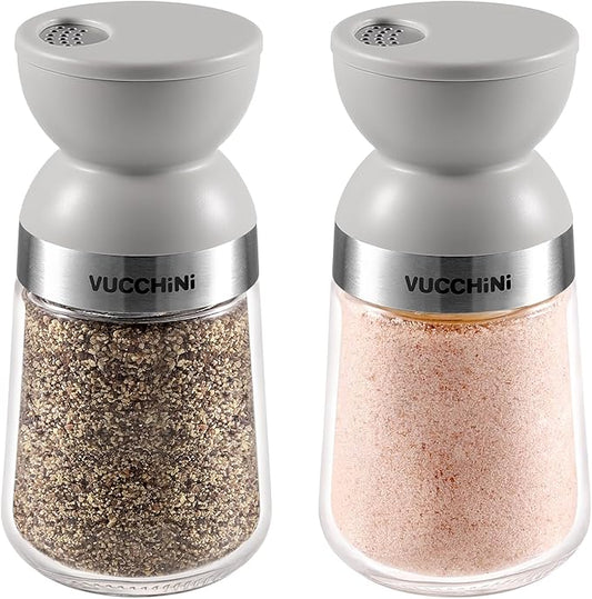 VUCCHINI Salt and Pepper Shaker Set with Lid 3 level Adjustable Pour Holes Seasoning Spice shaker Jar Glass Bottle, Large Salt and Pepper Dispenser Moisture-proof for Kitchen, Cooking (5 oz, Grey)