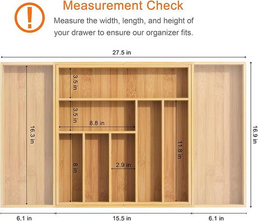 Bamboo Utensil Organizer for Kitchen Drawers, Utensil Tray and Cutlery Silverware Holder,Wood Drawer Dividers with 9 Slots