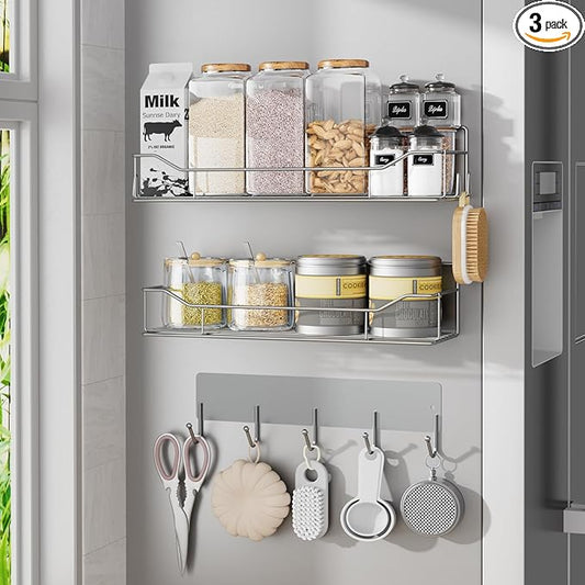 Magnetic Spice Rack for Refrigerator, 3 Pack Metal Magnet Spice Organizer Shelf with Hook Rack, Magnetic Fridge Shelves for Kitchen Organization and Storage, Seasoning Organizer Gadgets (Grey)