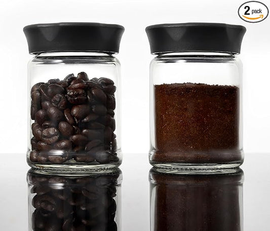 VEVOK CHEF Mini Glass Jars with Black Lids 2 pcs Food Storage Jar Kitchen Canister Small Coffee Tea Spice Storage Jar Set (4 Ounce) Gift