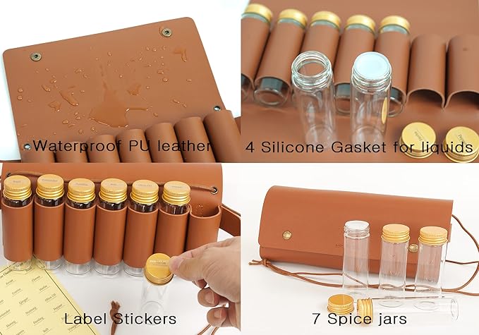 Camping Spice kit with 7 spice Jar, rope, Spice Labels Sticker, 4 Silicone Gasket, Travel Seasoning container, portable spice bag for travel (Waterproof)