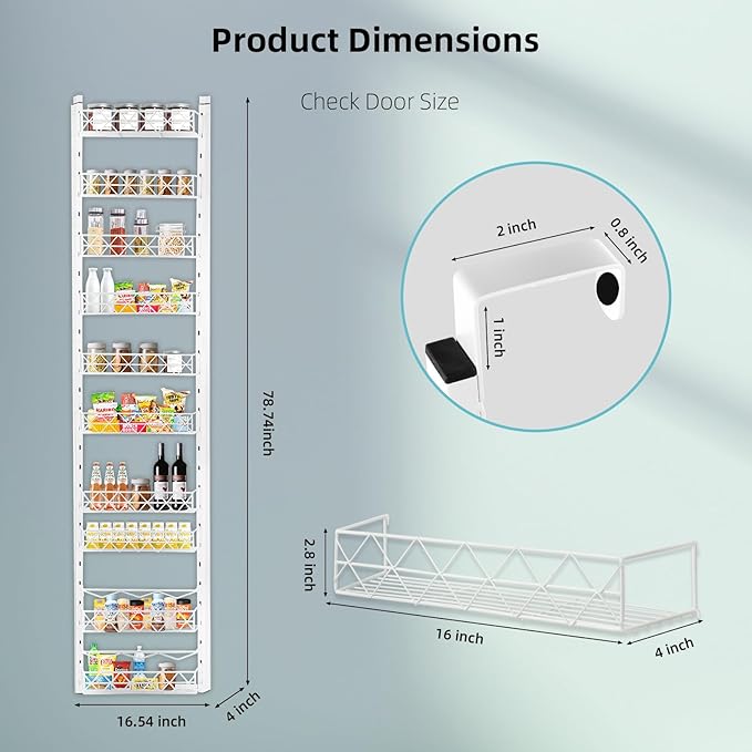 Over The Door Pantry Organizer，10-Tier Over The Door Organizer with Adjustable Basket，Metal Hanging Pantry Organizers and Storage for Kitchen, Back of Door Seasoning Rack (White)