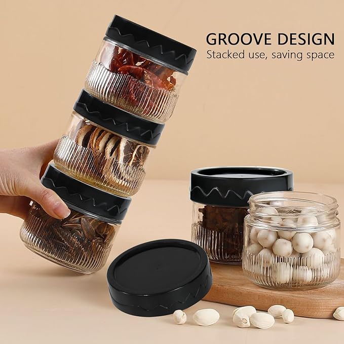 8.5oz Glass Jars with Lids Small Wide Mouth Jar Glass Black Snack Canister for Snack Pudding Yogurt Overnight Oats, 6pack