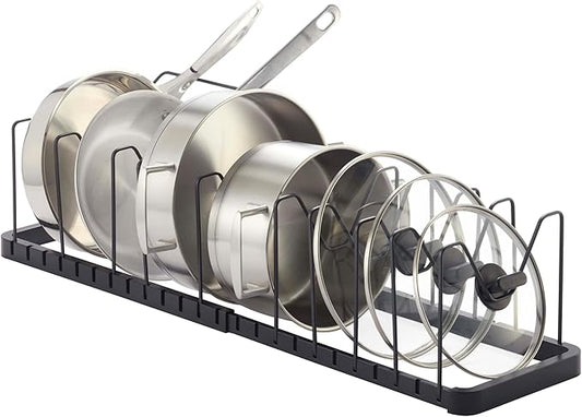 Yamazaki Home Adjustable Lid & Pan Organizer - Kitchen Drawer Storage Shelf Rack Steel One Size Black