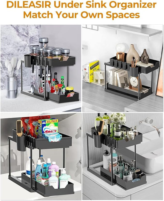 Under Sink Organizers and Storage Bathroom Organizer, 2 Tier Under Sliding Kicthen Cabinet Basket Organizer with Hooks, Hanging Cup, Dividers, Handles, Multi-purpose Under Sink Shelf Organizer