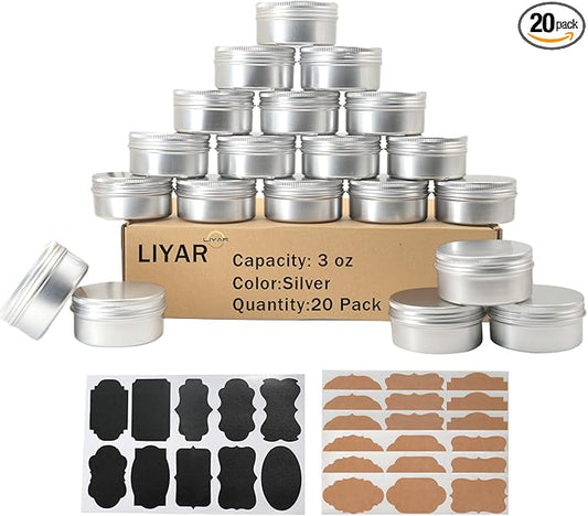 3 oz Tins Aluminum Can 20 Pack Salve Tins Metal Tin Jars, 3oz Tin with Lids Refillable Containers With Screw Top and Labels for Salve,Candle,Spices or Balms(Silver)