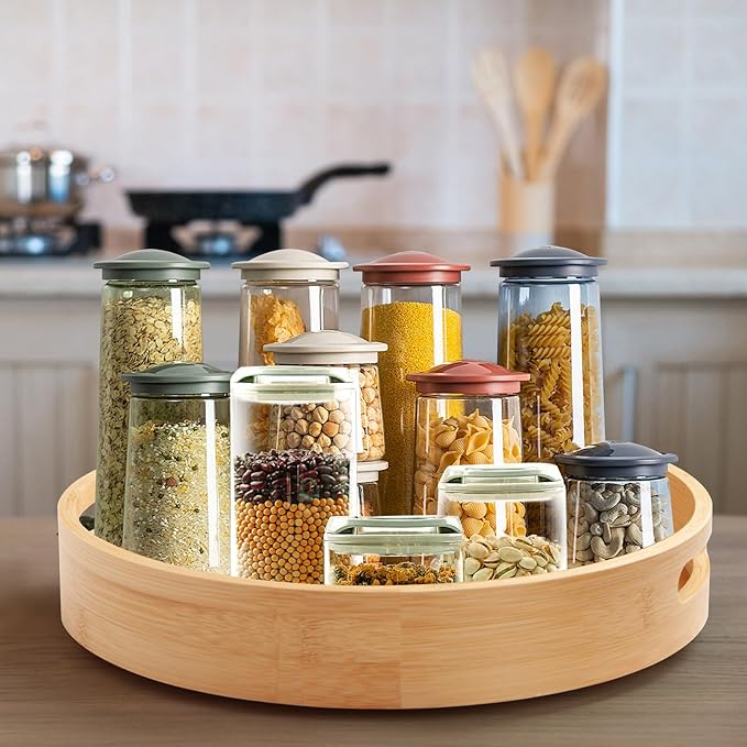 12in Lazy Susan Organizer with Large and Stable Chassis, Bamboo Spices Organizatioon Turntable for Cabinet and Table Top,360 Rotating Bamboo Spice Rack,for Kitchen Bathroom Dinning Table (12in)
