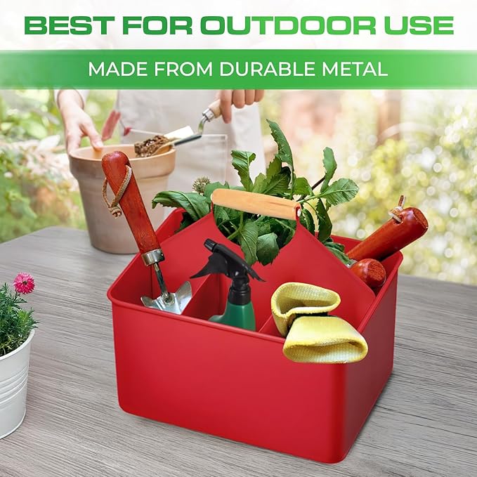 Plexon Red Metal Caddy, Table Utensil Caddy with Handle, Galvanized Steel Utensil Holder for Party, Metal Flatware Caddy Large Silverware Organizer Countertop for Kitchen Garden Patio Bathroom
