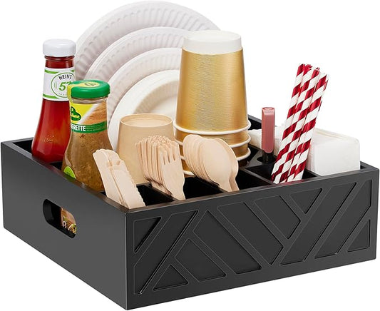 Paper Plate Dispenser-Wood Utensil Holder for Party-Paper Plate Organizer for Countertop-Wood Silverware Caddy with 7 Compartments,Spoonpicnic Caddy for Plates and Utensils-Black…