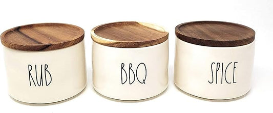 Rae Dunn by Magenta, unique with perfect imperfections. SPICE, BBQ, RUB- Stacked ceramic canister set, beige, black LL, 10in x 4.25in x 4.25in…