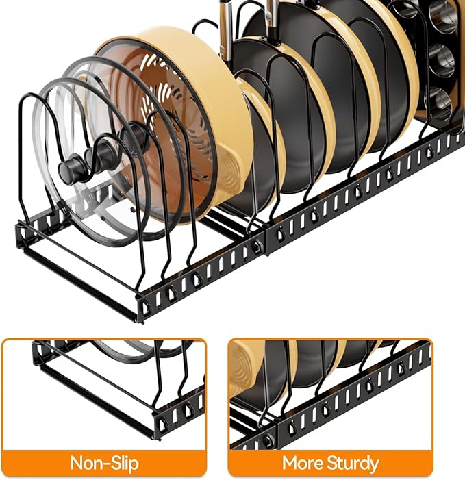 Pot And Pan Organizer Under Cabinet, Expandable Pans and Pots Organizer Rack Pot Lid Holder Shelf with 12 Different Size Dividers (12 Brackets-Black)