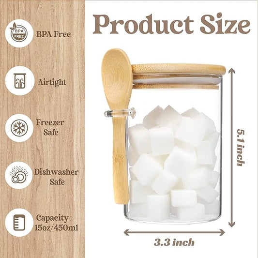 Glass Sugar Jar with Bamboo Lid - 15oz Sugar Container with Spoon and Labels and Pen Make Storage Easy, Borosilicate Glass Jars for Coffee Beans, Tea, Sugar, Bath Salt, Overnight Oats and More