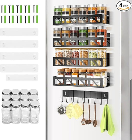 Magnetic Spice Rack Organizer for Fridge Seasoning Organizer for Kitchen storage with Screw or Adhesive Hanging,Magnetic Shelf with Hook for Refrigerator and Oven (Black-12jars, 4pack)