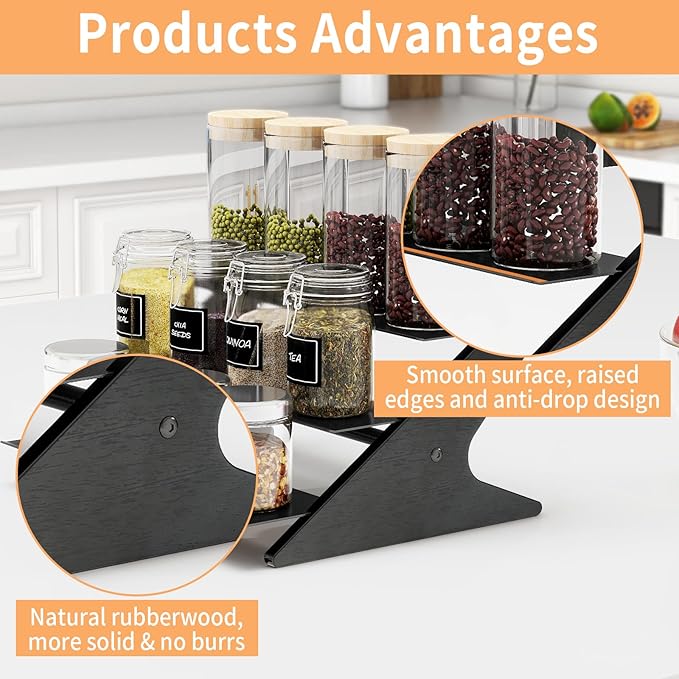 3 Tier Spice Rack Organizer for Cabinet, Metal with Wood Step Shelf Countertop Spice Storage Holder, Seasoning Organizer for Kitchen, Pantry, Black, 2 Pack