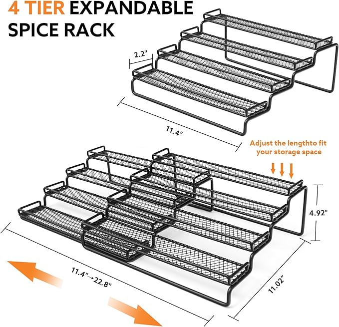 2 Pack Spice Rack Organizer for Cabinet, 4 Tier Expandable Seasoning Organizer Shelf, Spice Holder with Protection Railing, Metal, Black