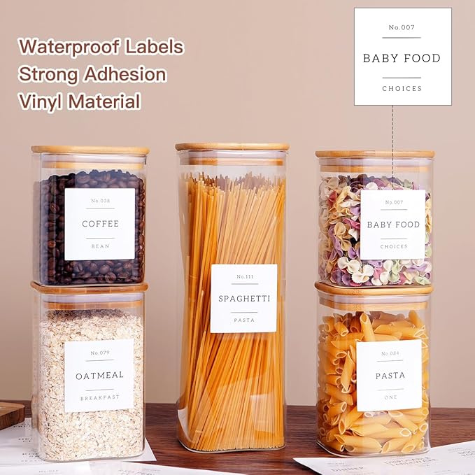 5 Pack Square Glass Pantry Storage Containers with 132 Kitchen Food Pantry Labels - Clear Glass Jars with Airtight Wood Bamboo Lids - Glass Canisters for Cookies, Nuts, Cereal