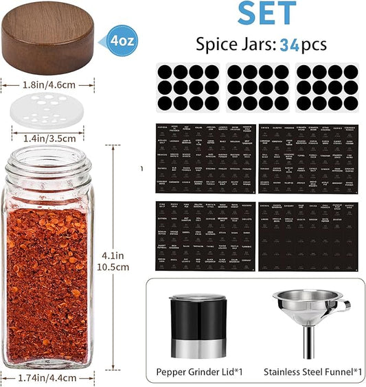 Yangbaga Glass Spice Jars with Labels: 34p 4oz Wide Mouth Square Bottle w/Pepper Grinder&Funnel - Airtight Wood Lid & Dishwasher Safe - Home Kitchen Pantry Daily Use - Gift for Newlyweds/Households
