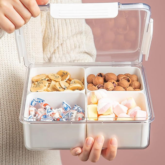 Eanpet Divided Serving Tray with Lid 4 Compartment Veggie Tray Portable Square Snackle Box Stackable Travel Snack Platters Charcuterie Food Storage Containers for Fruit,Vegetable,Salad
