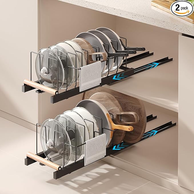 2 Pack Pull Out Pots and Pans Organizer Under Cabinet, 22" Deep Expandable Pot Lid Organizer and Storage with 10 Adjustable Dividers Adhesive Pot and Pan Holder Rack with Handle Bracket(Black)