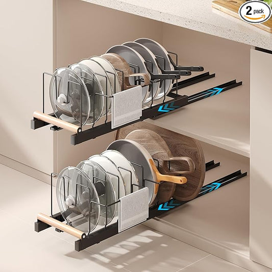 2 Pack Pull Out Pots and Pans Organizer Under Cabinet, 22" Deep Expandable Pot Lid Organizer and Storage with 10 Adjustable Dividers Adhesive Pot and Pan Holder Rack with Handle Bracket(Black)