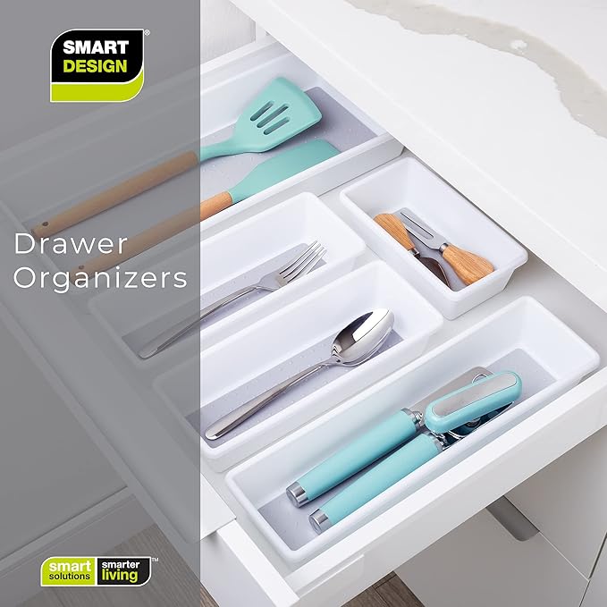 Smart Design Plastic Drawer Organizer - Set of 3-6.75 x 3.75 Inch - Non-Slip Lining and Feet - BPA Free - Utensils, Flatware, Office, Personal Care, or Makeup Storage - Kitchen - White with Gray