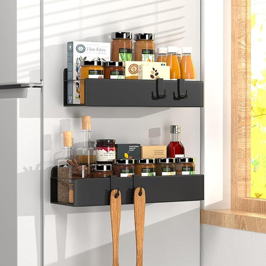 2 Pack Magnetic Spice Rack for Refrigerator,Metal Magnetic Shelf Black with 2 Jars,1 Label,4 Hooks,Space Saving for Home,Kitchen