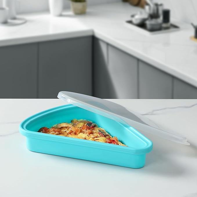 2-Pack Reusable Silicone Leftover Pizza Slice Storage Container with Air-tight Lids-BPA Free,Fits Single Slice up to 16”,Save Space,Refrigerator organizer(2 Blue)