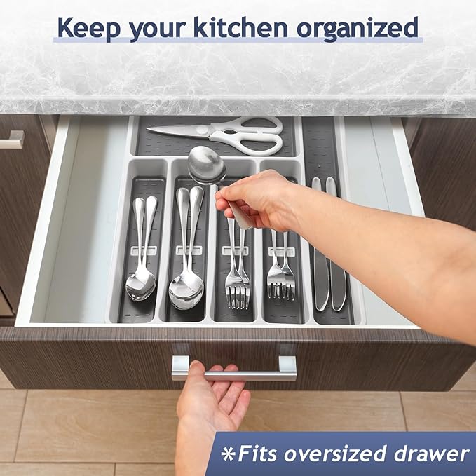 Silverware Organizer with Cutlery Icons，Silverware Tray for Kitchen Drawer，Plastic Flatware Tableware Cultery Drawer Organizer Utensil Organizer with Non-slip TPR Linings，6-Compartment