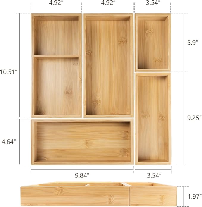 Bamboo Drawer Organizer Boxes Set, 5-Piece Multi-use Drawer Dividers Storage Trays for Kitchen Utensils, Makeup Jewelry, Office Supplies